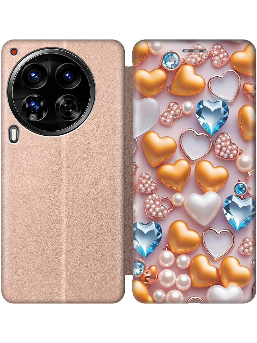

Чехол-книжка на Tecno Camon 30 Premier 5g с принтом "Украшения и сердечки" золотой, 782633091