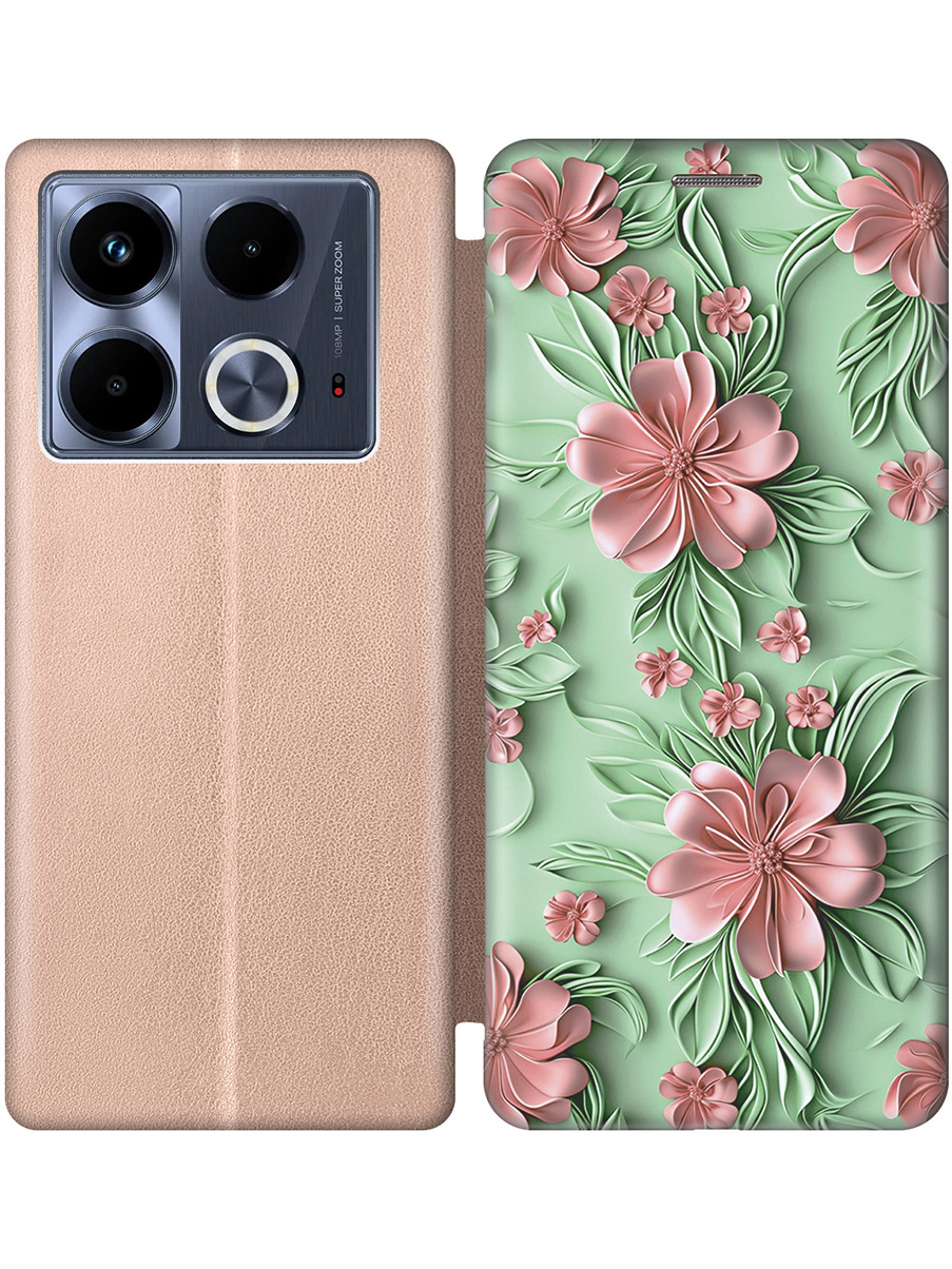

Чехол-книжка на Infinix Note 40 с принтом "Розовые цветы на мятном фоне" золотой, Золотистый;зеленый;розовый, 782626421