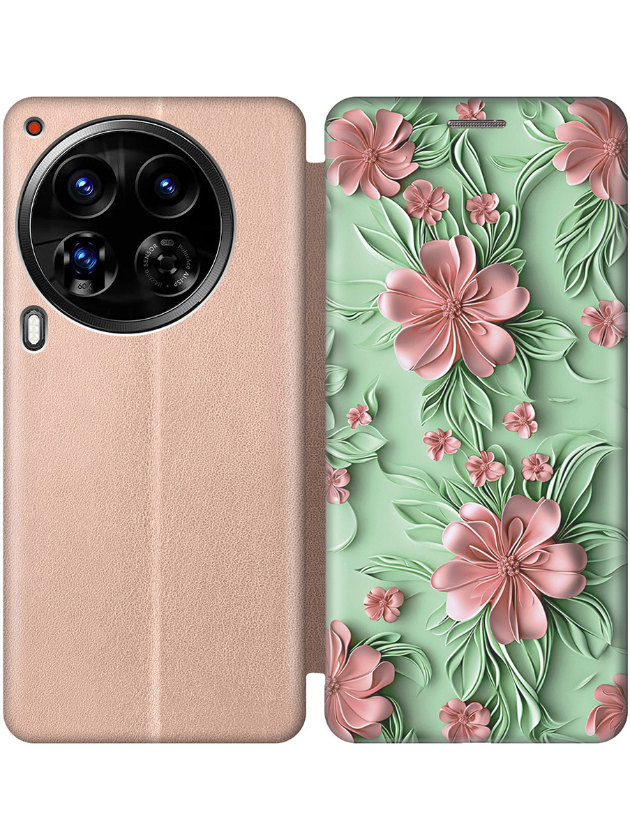 

Чехол-книжка на Tecno Camon 30 Premier 5g с принтом "Розовые цветы на мятном фоне" золотой, Золотистый;зеленый;розовый, 782633021