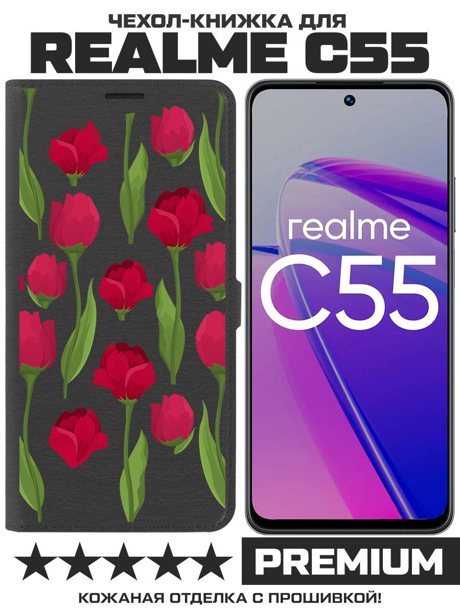 

Чехол-книжка Eco Book для Realme C55 Розы паттерн, Черный