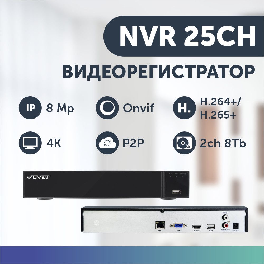 фото Видеорегистратор сетевой 25 каналов ip 8 mpix 25 к/с регистратор видеонаблюдения divisat