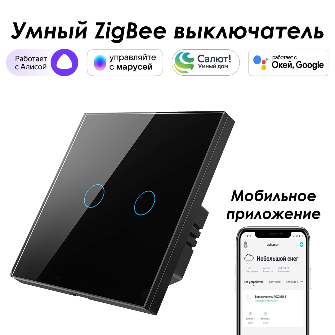 Умный Zigbee выключатель ROXIMO, двухконопчный, черный, SZSEN01-2B с Алисой, Марусей