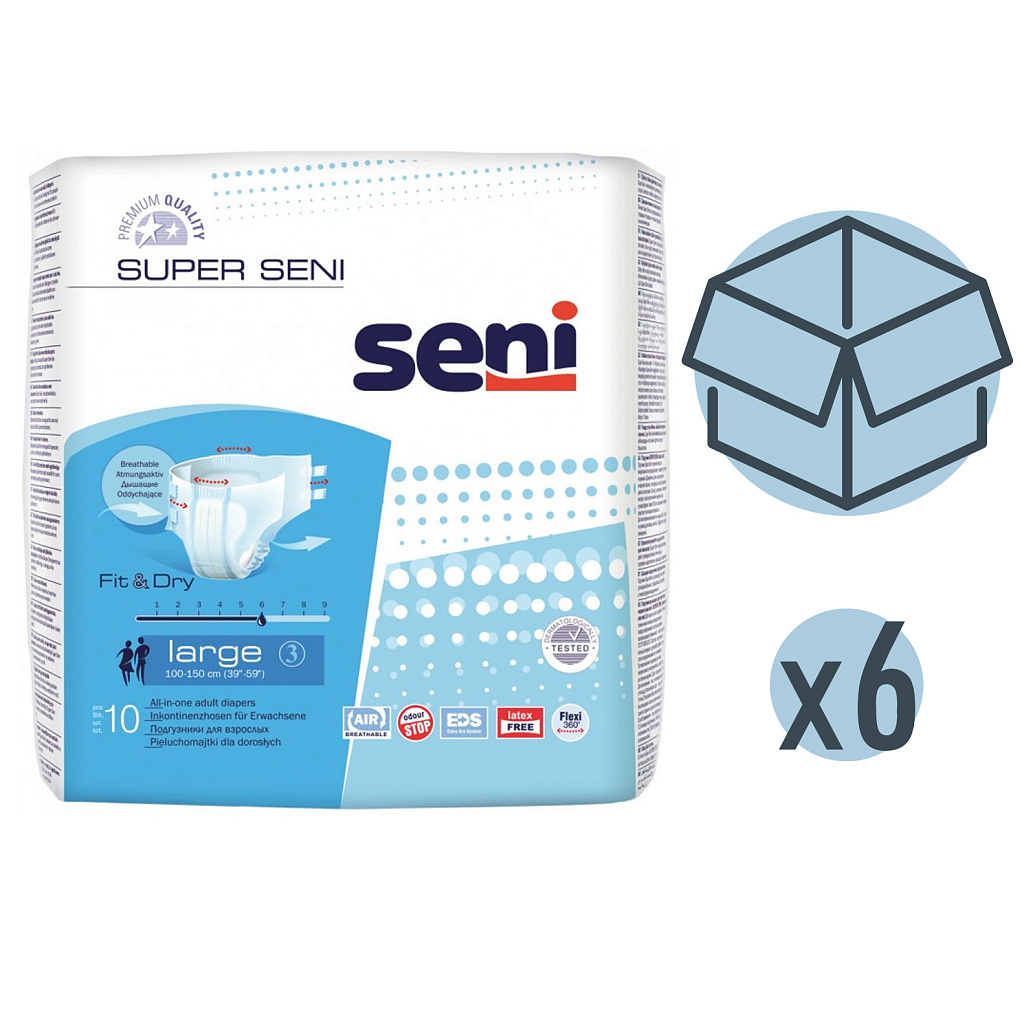 Подгузники для взрослых Seni Super, 100-150 см, L 10 шт, 6 упаковок