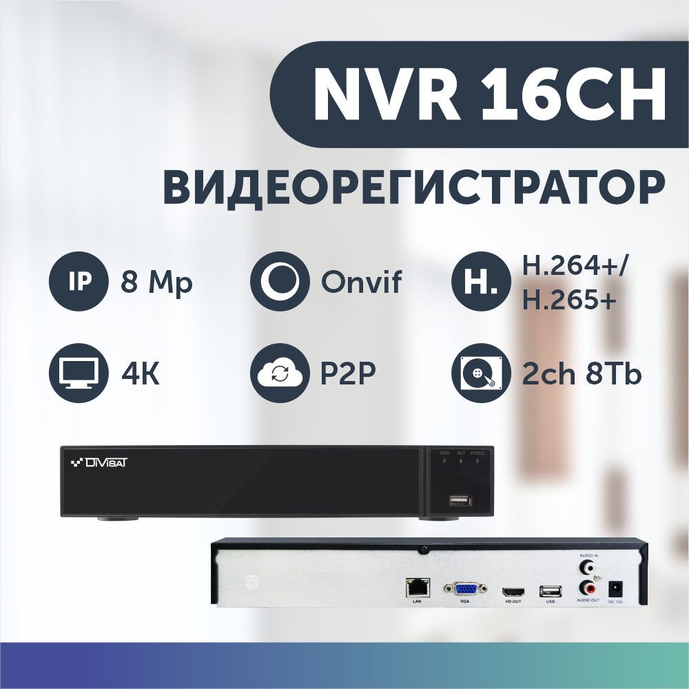 фото Видеорегистратор сетевой 16 каналов ip 8 mpix 25 к/с регистратор видеонаблюдения divisat