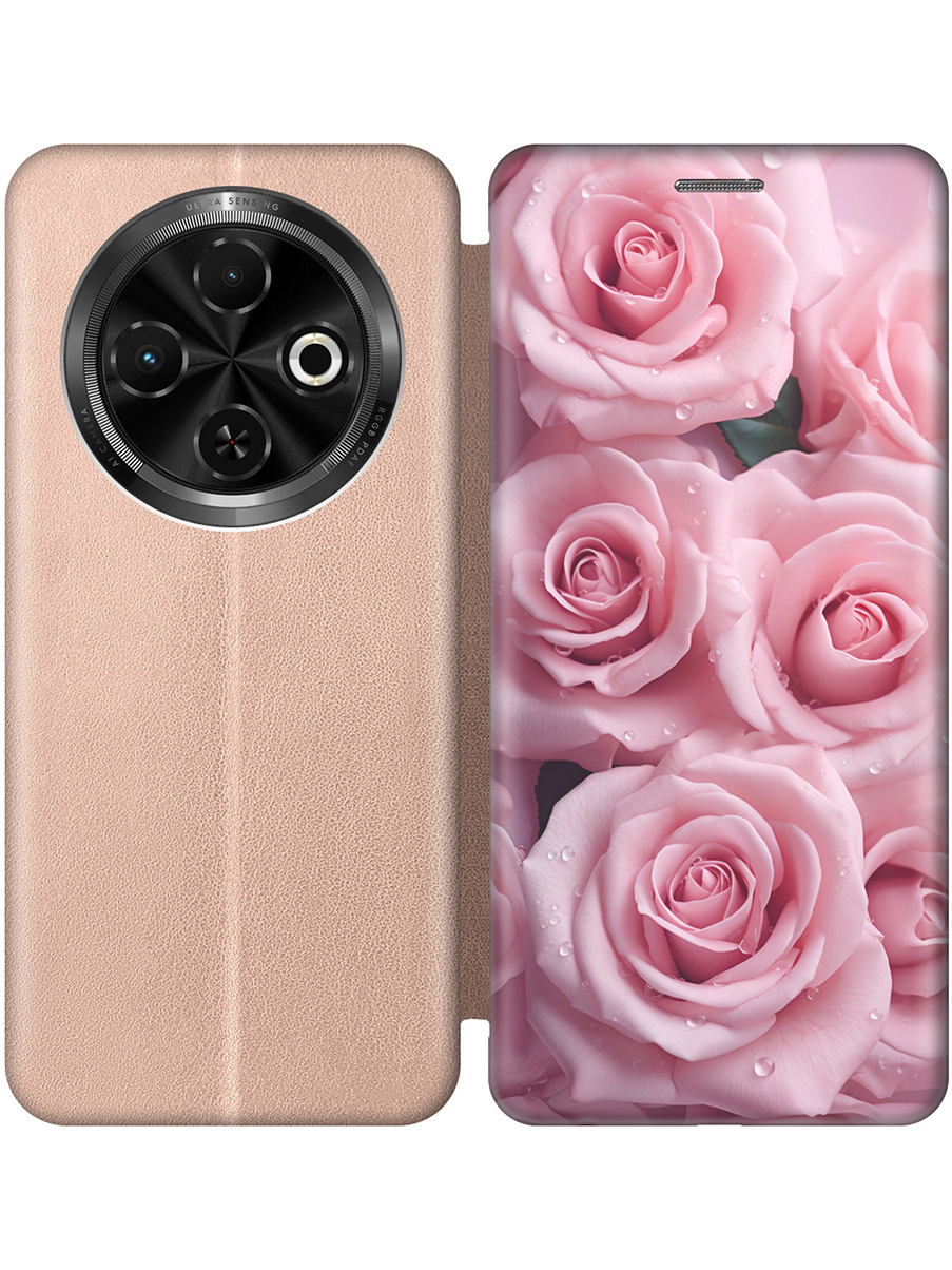 

Чехол-книжка на Tecno Spark 30C с принтом "Букет роз" золотой, Золотистый;розовый, 786716322