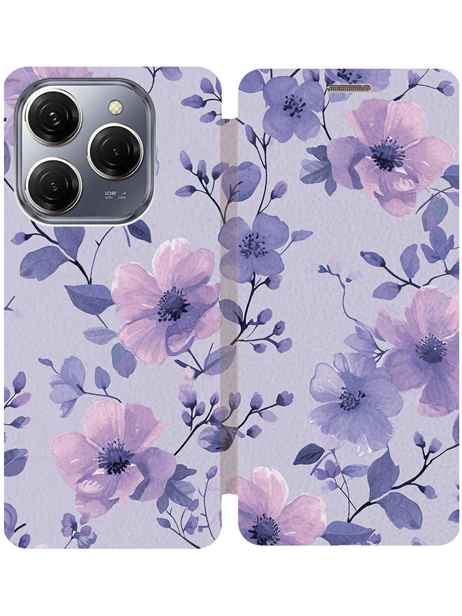 

Чехол-книжка на Tecno Spark 20 Pro с принтом "Цветочки на сиреневом" золотой, Золотистый;фиолетовый, 779829023