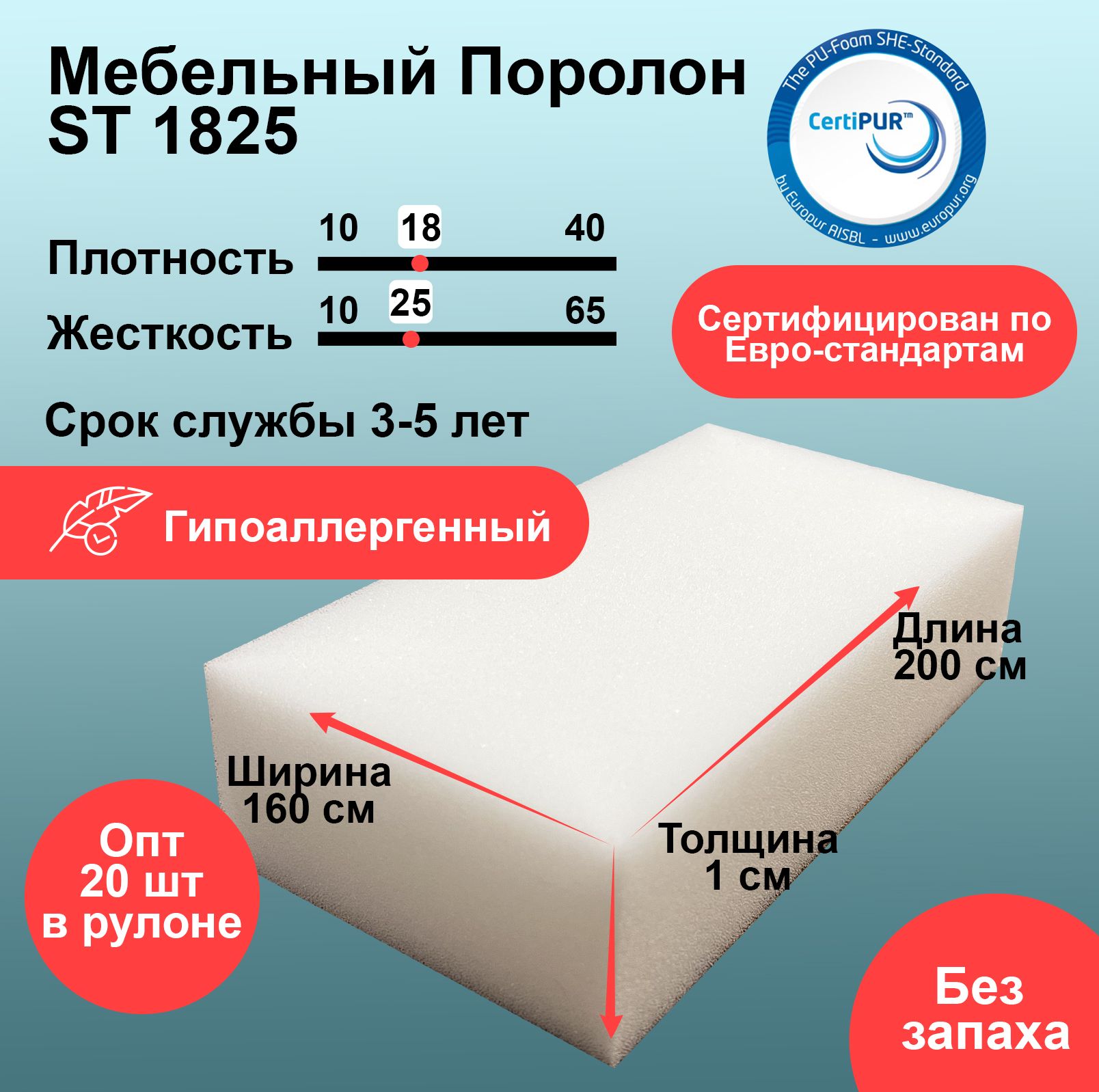 

Мебельный поролон ФомЛайн ST 1825 10x1600x2000мм, Белый, st_18