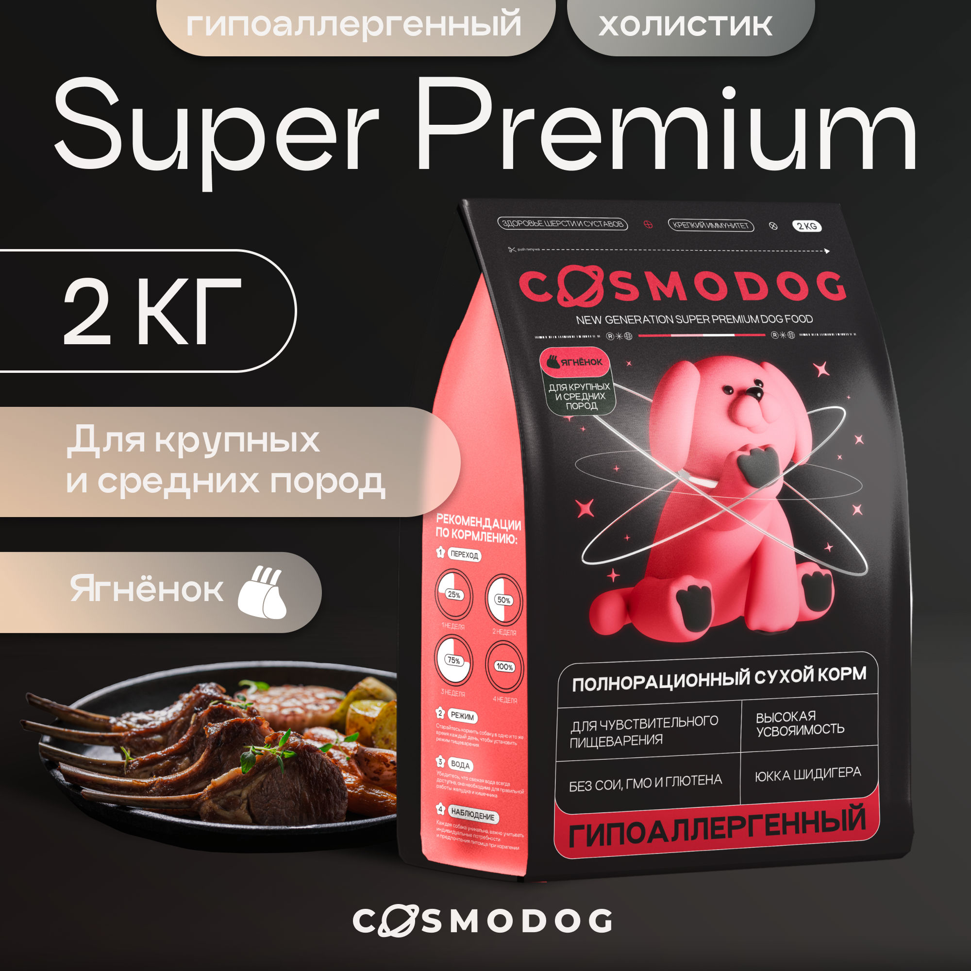 Сухой корм для собак Cosmodog гипоаллергенный, с ягненком и энтопротеином, 2 кг