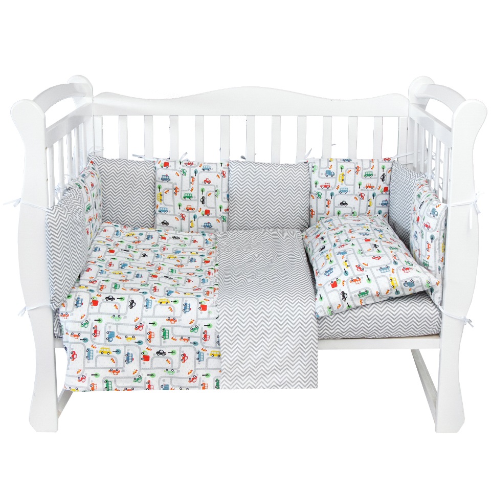 

Комплект в кроватку Amarobaby 15 пр. Дорога, белый/серый (поплин), AMARO-3015