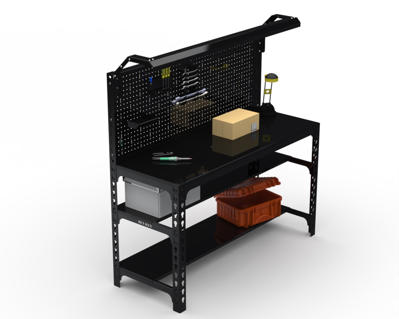 

Стол металлический Metalex серия SUN 750х1200х400 (2-е полки + перфопанель, черный
