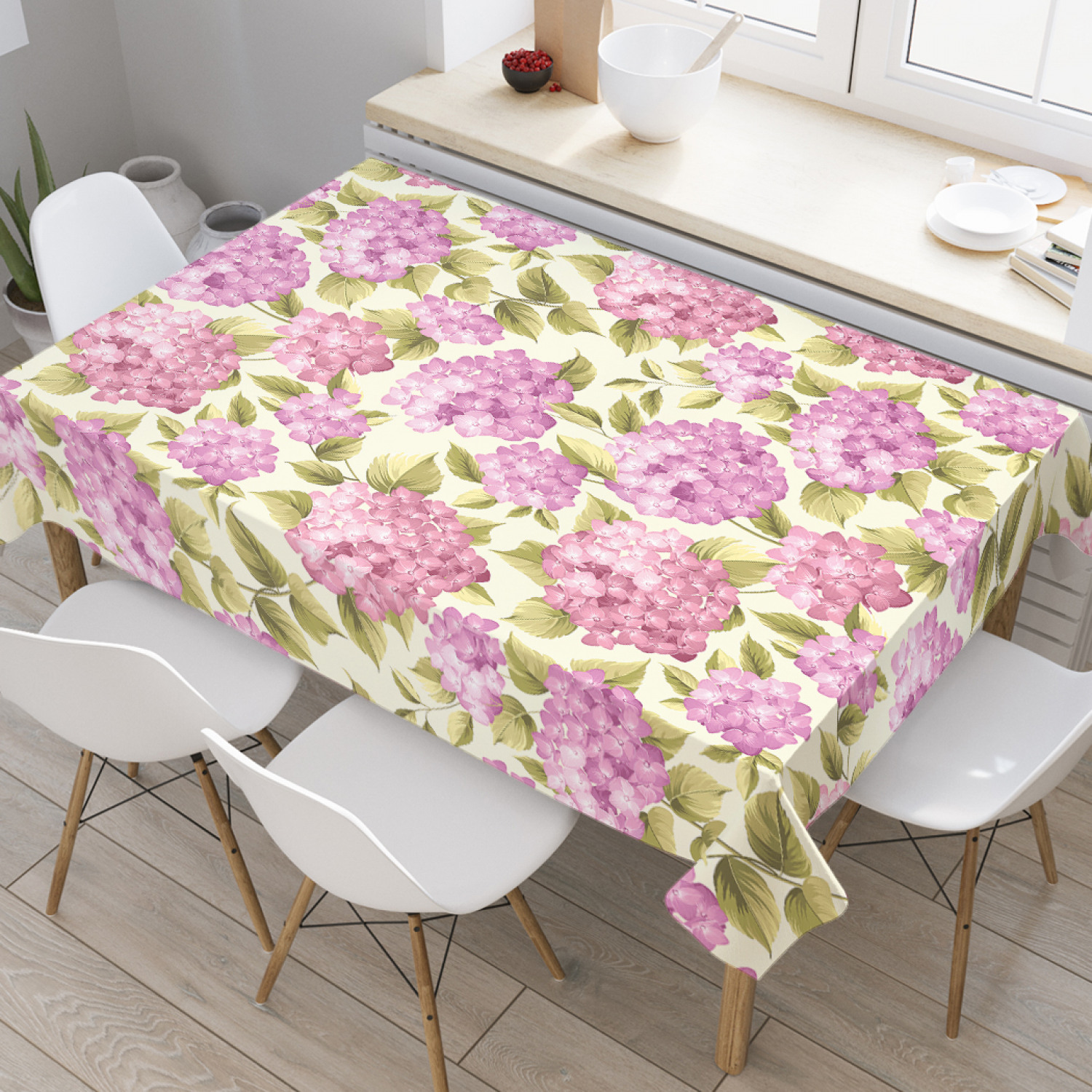 

Скатерть прямоугольная JoyArty "Букеты гортензии" из оксфорда, 120x145 см, Зеленый, Букеты гортензии