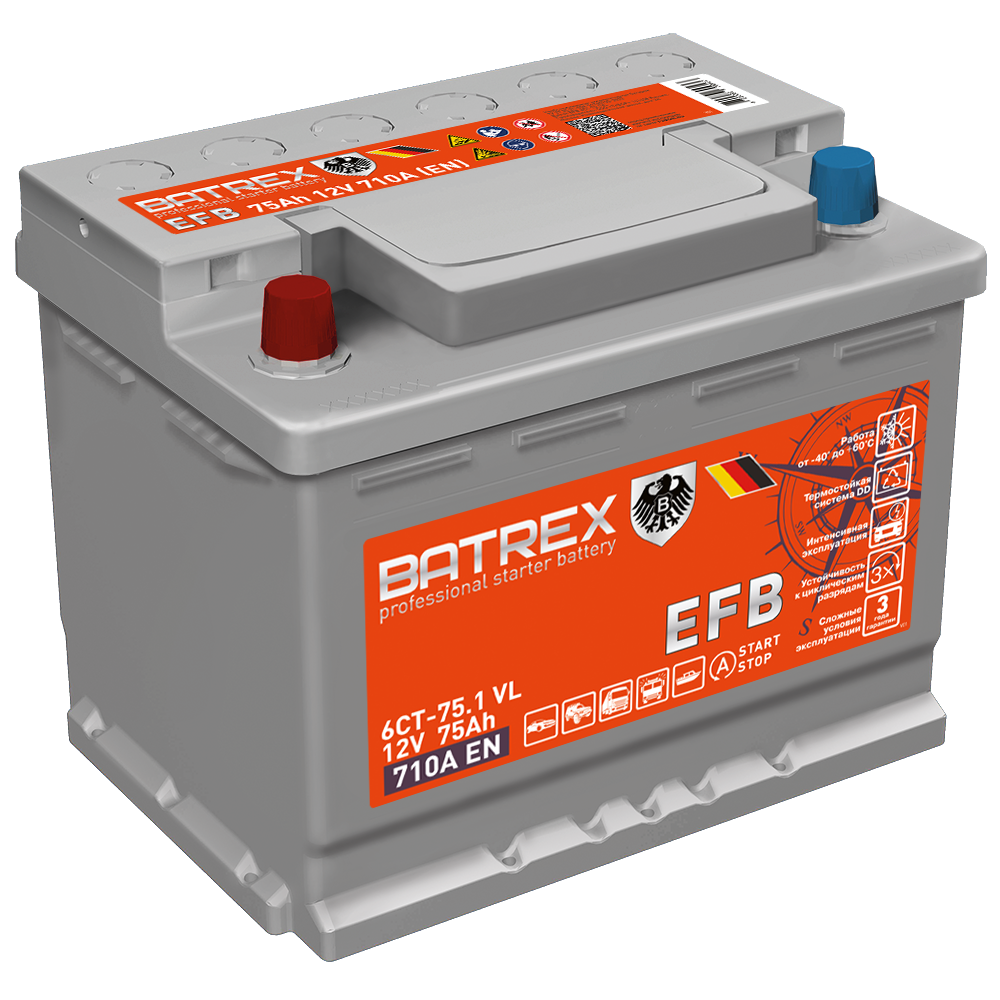 

Batrex Аккумулятор Efb 75 Ah, 710 A, 276 X 175 X 190 Прям.