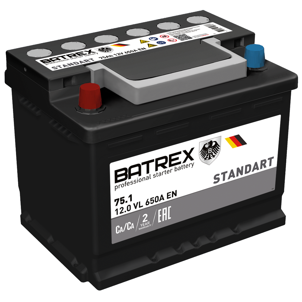 Batrex Аккумулятор Standart 75 Ah, 650 A, 276 Х 175 Х 190 Прям.