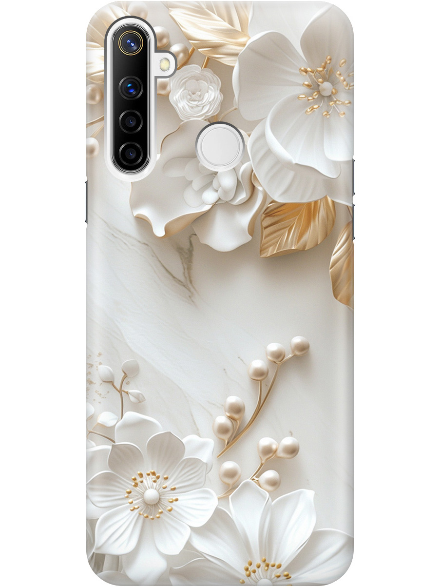 

Силиконовый чехол на realme 5 / 6i / C3 с принтом "Бело-золотые цветы", 726149623