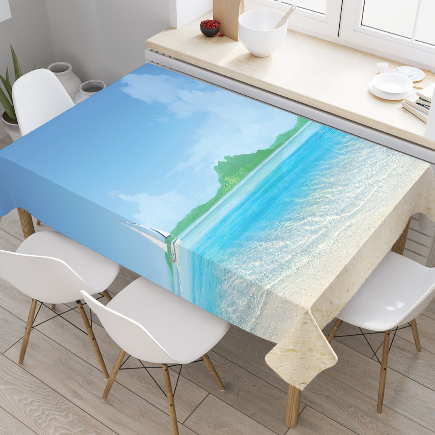 

Скатерть прямоугольная JoyArty "Парус у острова" из оксфорда, 120x145 см, Голубой, Парус у острова