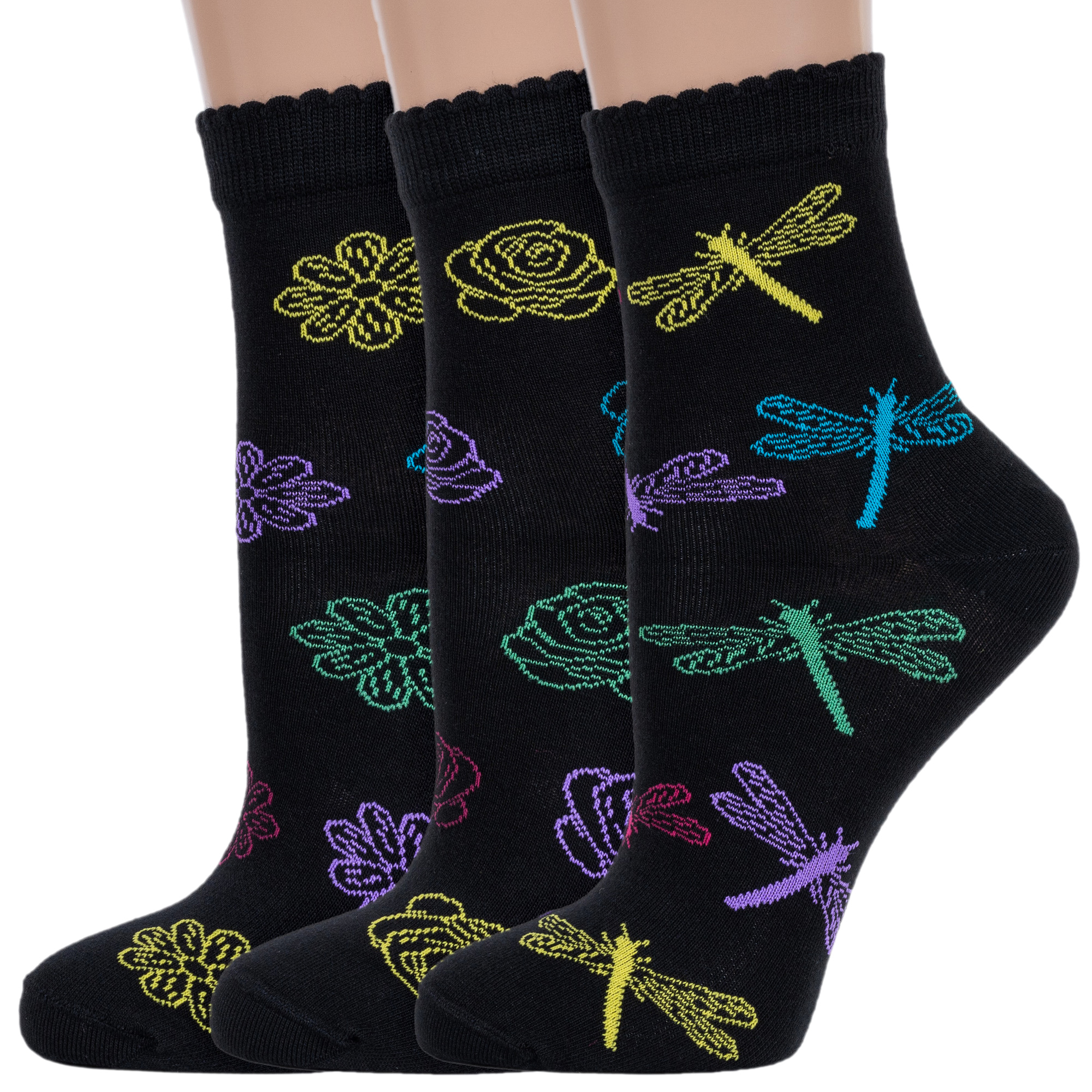 Комплект носков женских LorenzLine 3-Д103 черных; фиолетовых; голубых; желтых; зеленых 25