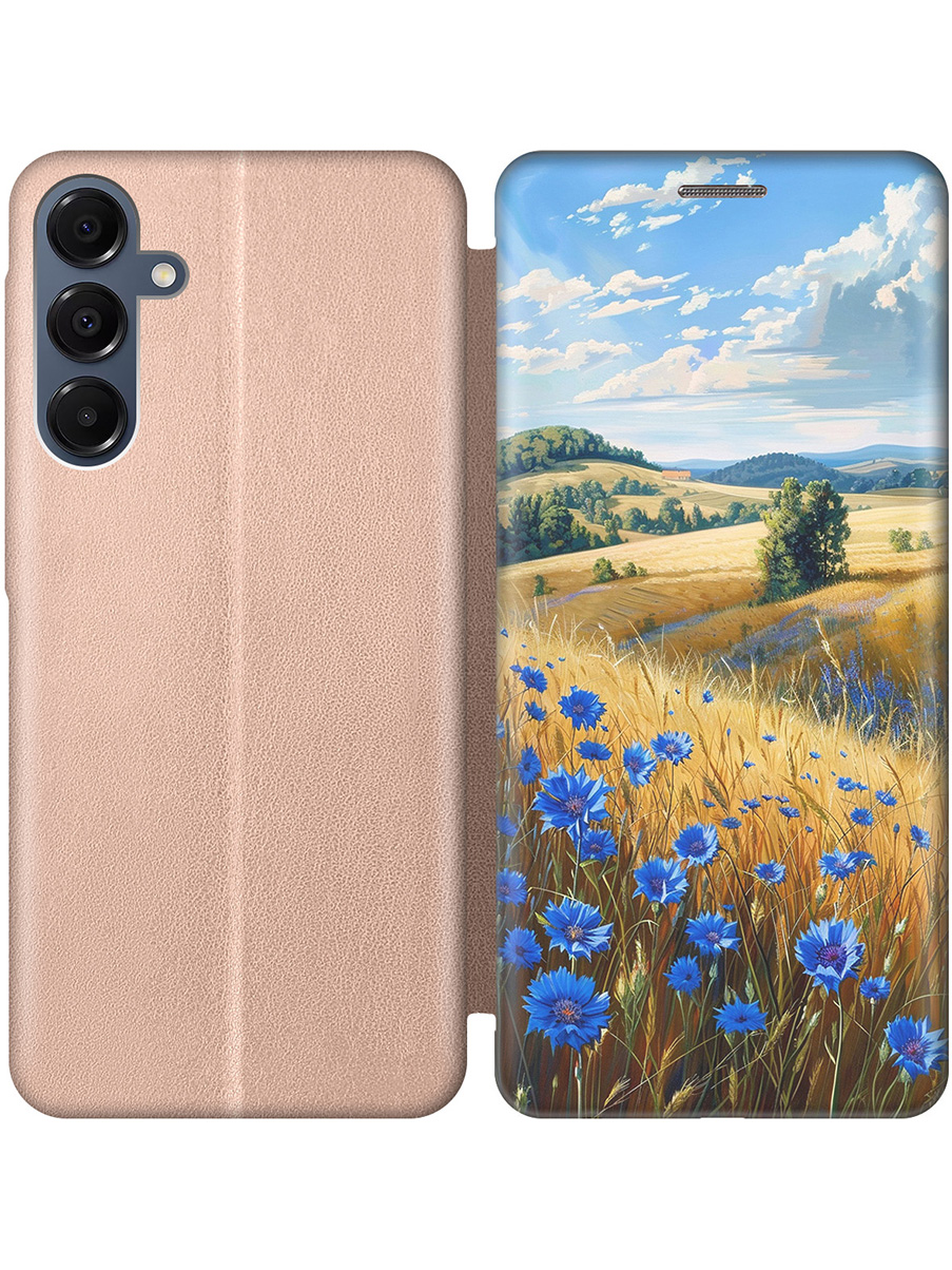 

Чехол-книжка на Samsung Galaxy A16 с принтом "Поле васильков" золотой, Золотистый;голубой;бежевый, 786721721