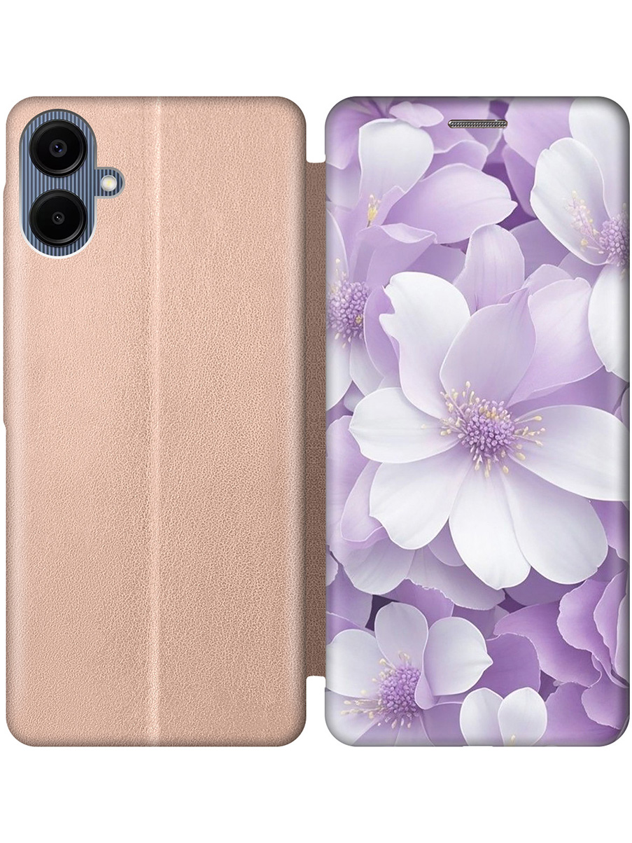 

Чехол-книжка на Samsung Galaxy A06 с принтом "Бело-фиолетовые цветы" золотой, Золотистый;белый;фиолетовый, 786717521