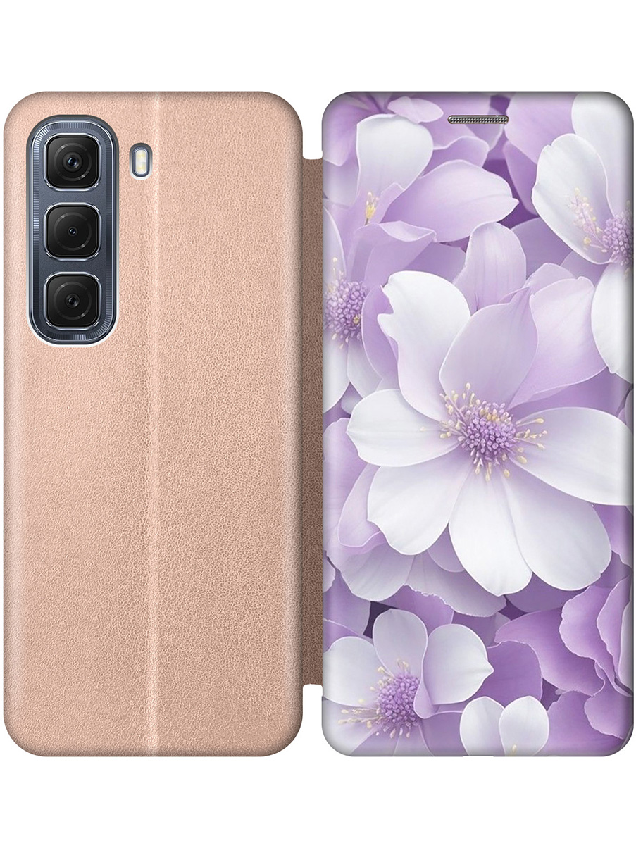 

Чехол-книжка на Infinix Hot 50 4G с принтом "Бело-фиолетовые цветы" золотой, Золотистый;белый;фиолетовый, 786718721