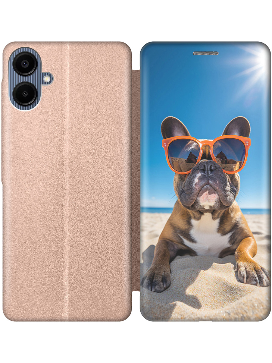 

Чехол-книжка на Samsung Galaxy A06 с принтом "Бульдог на пляже" золотой, Золотистый;желтый;синий, 786717512