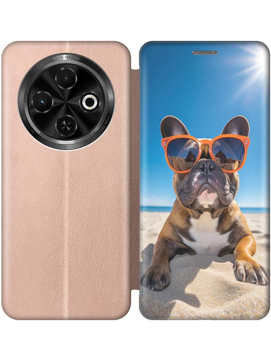 

Чехол-книжка на Tecno Spark 30C с принтом "Бульдог на пляже" золотой, Золотистый;желтый;синий, 786716312