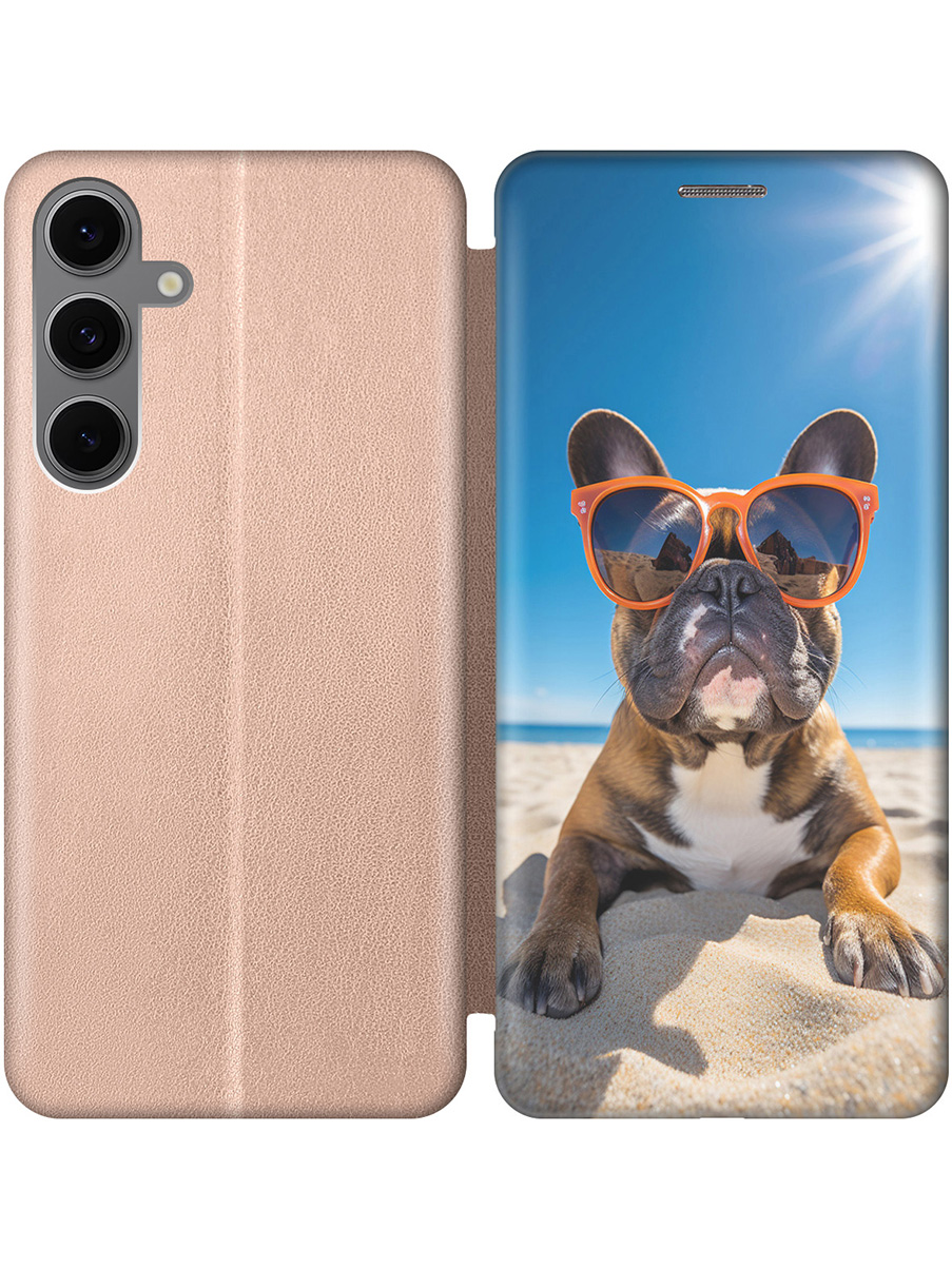 

Чехол-книжка на Samsung Galaxy S24 FE с принтом "Бульдог на пляже" золотой, Золотистый;желтый;синий, 786718112