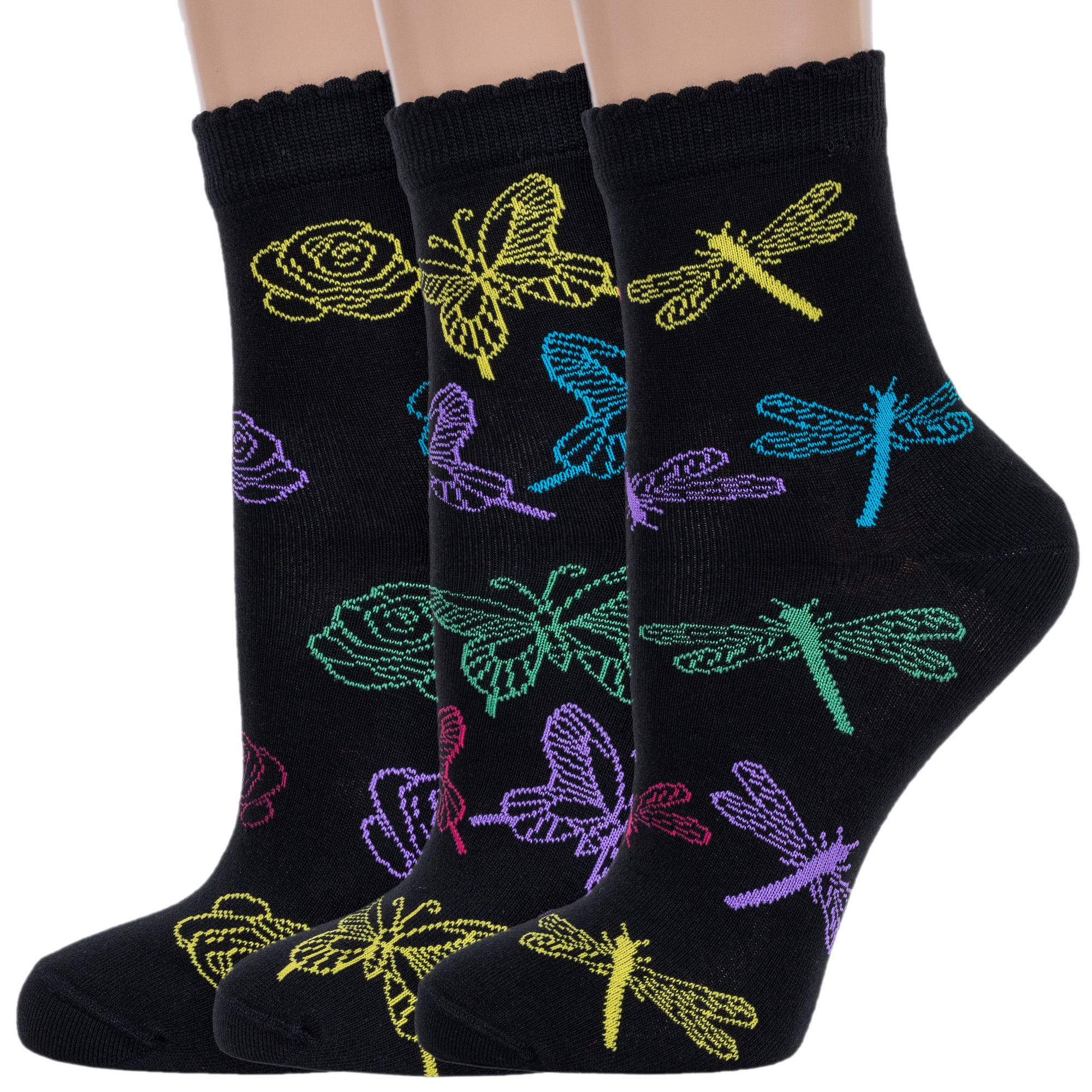 Комплект носков женских LorenzLine 3-Д103 черных; фиолетовых; голубых; зеленых; желтых 25