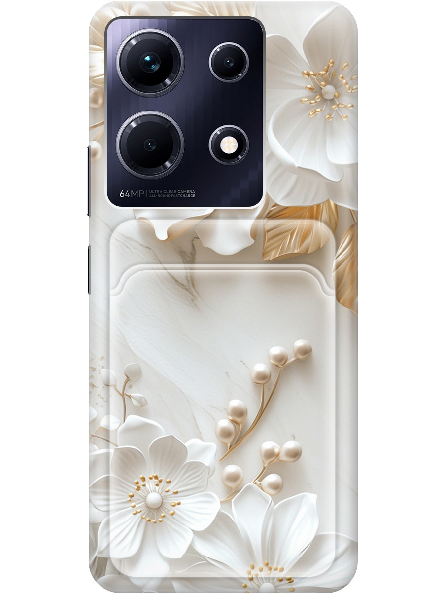 

Силиконовый чехол на Infinix Note 30 с принтом "Бело-золотые цветы" с карманом для карты, Золотистый;белый;прозрачный, 773943723