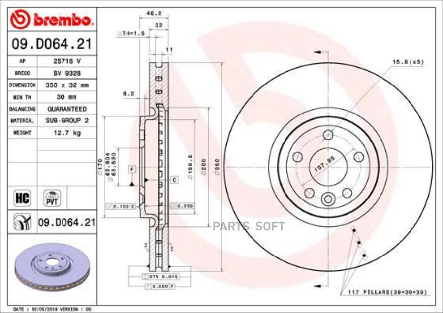 

Тормозной диск brembo передний вентилируемый 350х32 мм 5 отверстий 09.D064.21