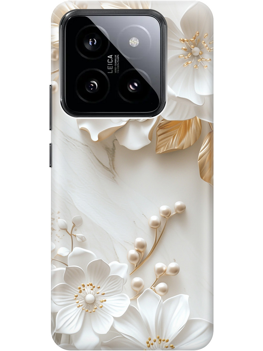 

Силиконовый чехол на Xiaomi 14 Pro с принтом "Бело-золотые цветы", Золотистый;белый;прозрачный, 777771023