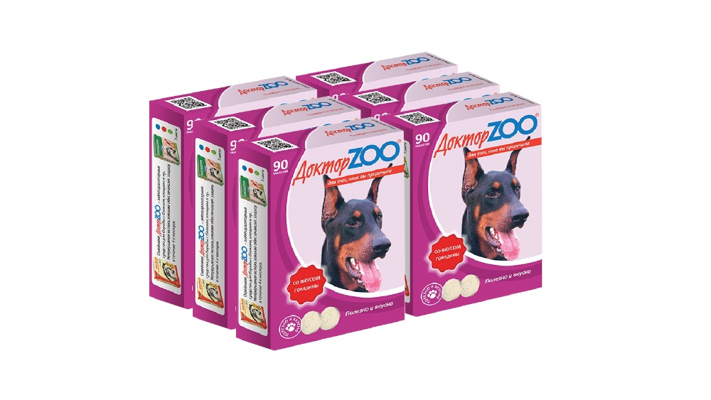 Кормовая добавка для собак Доктор ZOO Со вкусом говядины и биотином, 6x90 табл