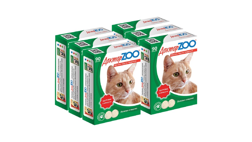 Пищевая добавка для кошек Доктор ZOO Здоровье и красота, 90 табл, 6 шт