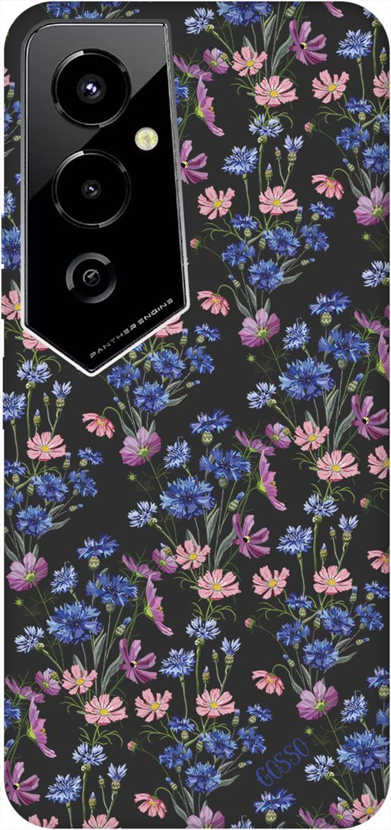 

Чехол на Tecno Pova 4 Pro с 3D принтом "Lovely Cornflowers" черный, Черный;голубой, 158098