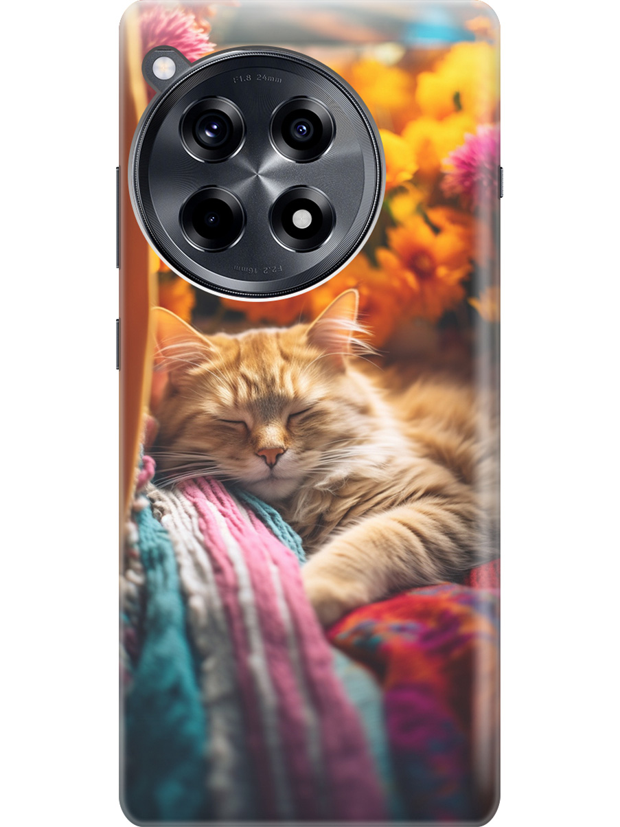 

Силиконовый чехол на OnePlus 12R с рисунком "Спящий на пледе котик", Белый;желтый, 20012110