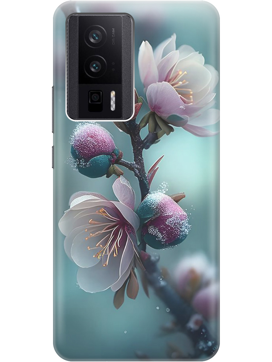 

Силиконовый чехол на Poco F5 Pro с рисунком "Распускающиеся бутоны", Белый;голубой, 20000136