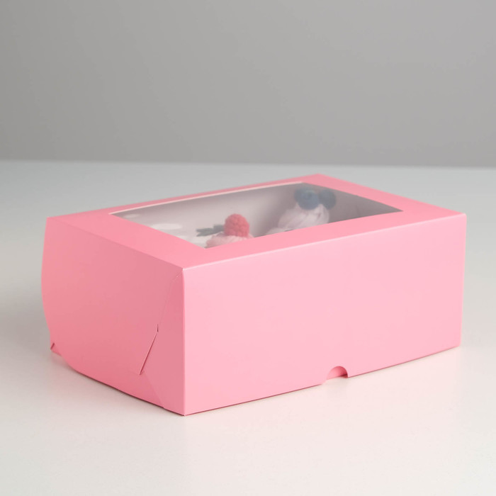 

Коробка на 6 капкейков с окном, розовая, 25 х 17 х 10 см, Розовый