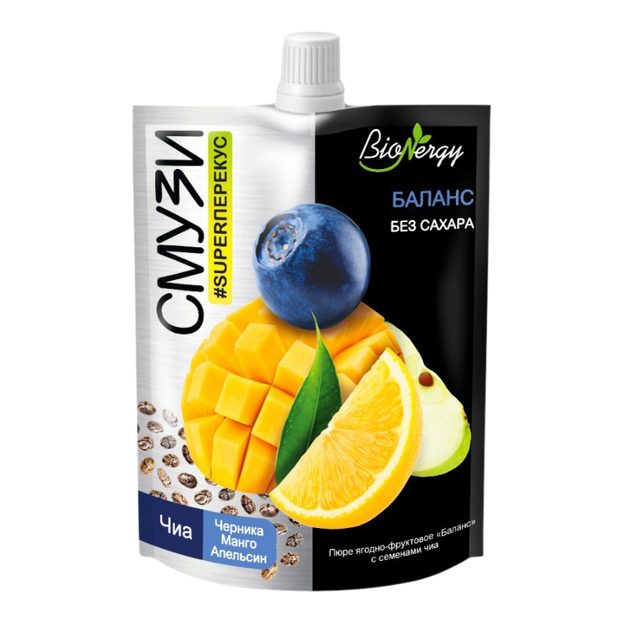 фото Смузи bionergy баланс черника-манго-апельсин с семенами чиа без сахара 120 мл