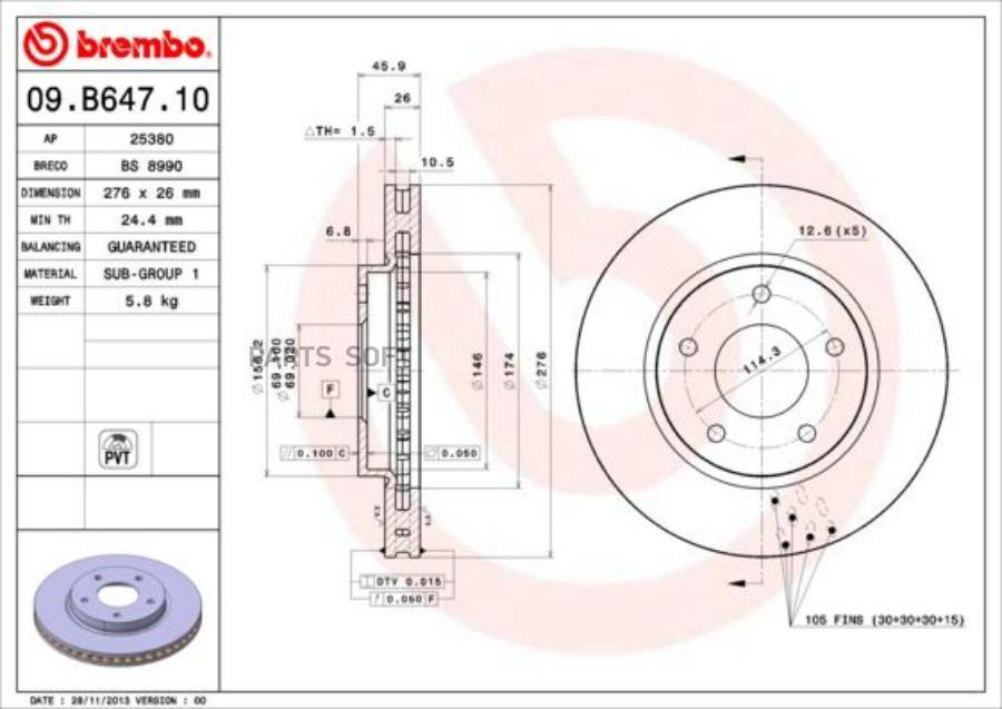 

Тормозной диск brembo передний вентилируемый 276x26 мм 5 отверстий 09.B647.11