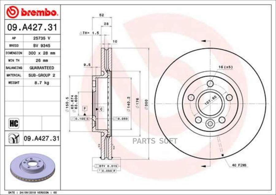 

Тормозной диск brembo передний вентилируемый 300x28 мм 5 отверстий 09.A427.31