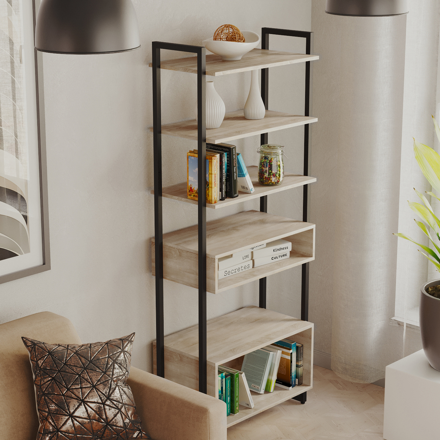 

Стеллаж лофт A1 HOME Tris 5 полок 73х39х180см Дуб Сонома, Бежевый, TRIS
