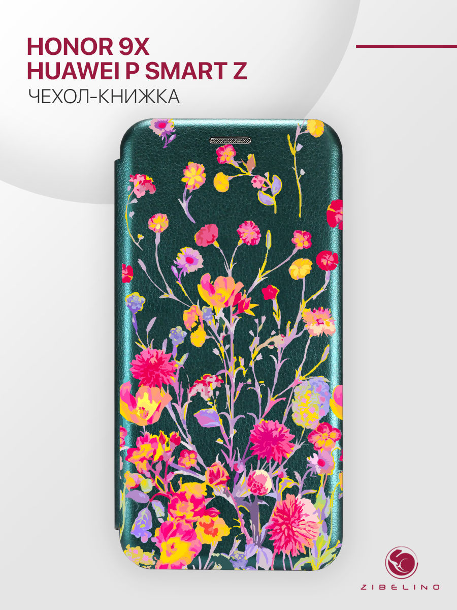 

чехол для honor 9x, p smart z с магнитом изумрудный с принтом цветочный принт, Зеленый, ZB-HUW-9X