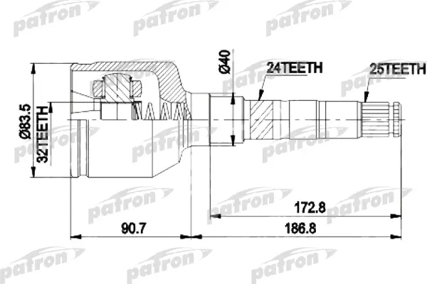 

Шрус PATRON внутренний правый для Chrysler Town, Voyager 96-05/Dodge Caravan 96-05 PCV9537