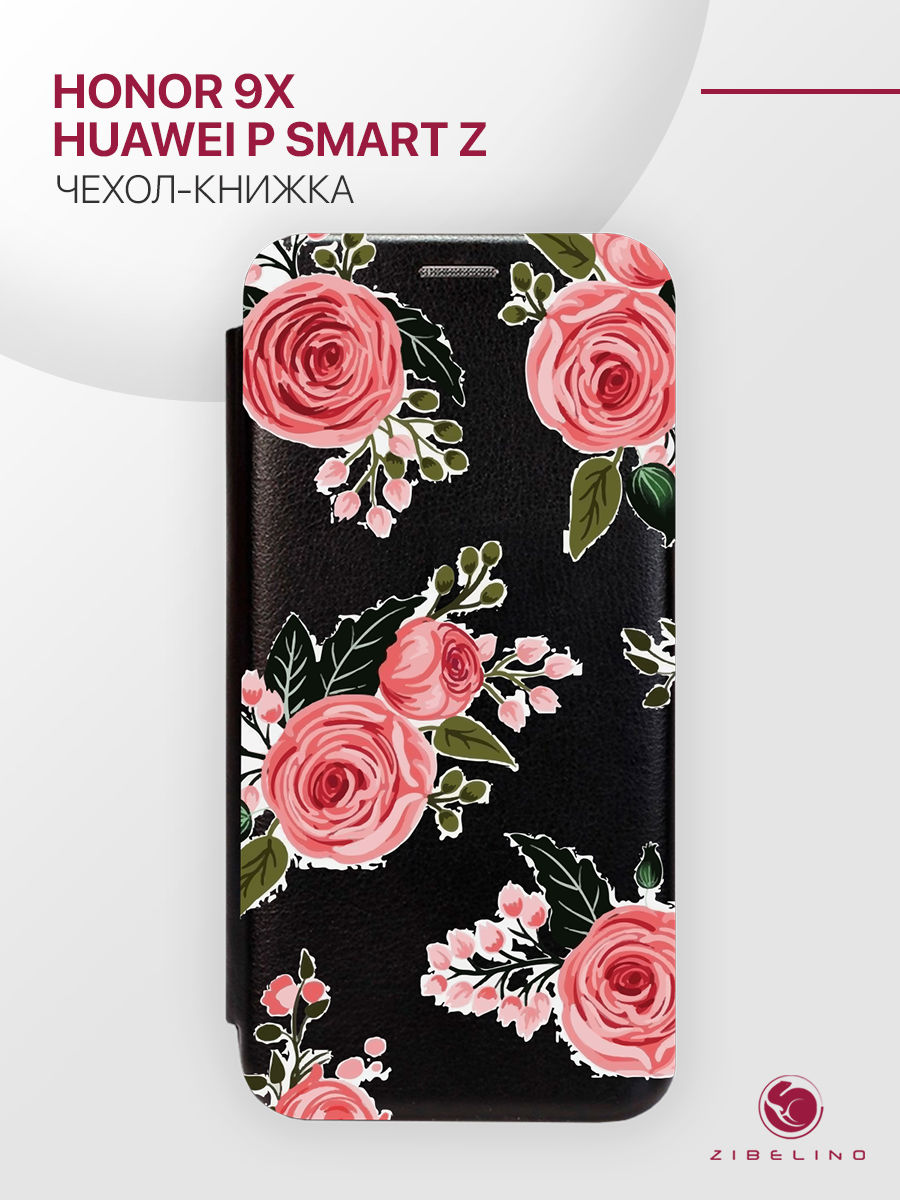 

чехол для honor 9x, p smart z с рисунком, с магнитом темно-синий с принтом розы, ZB-HUW-9X