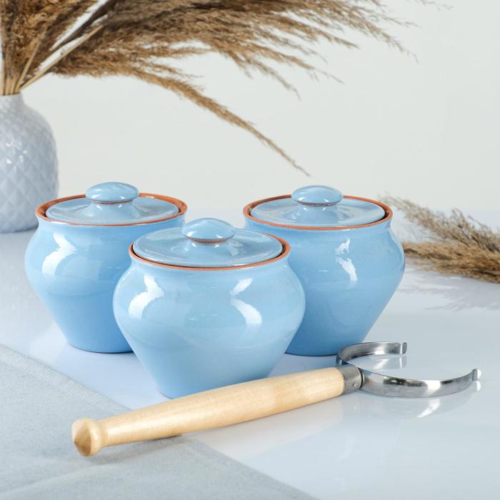 

Набор посуды для готовки Вятская керамика Трио, 0,7 л по 3 шт, с ухватом, голубой, "Трио", 0,7 л по 3 шт, с ухватом, голубой