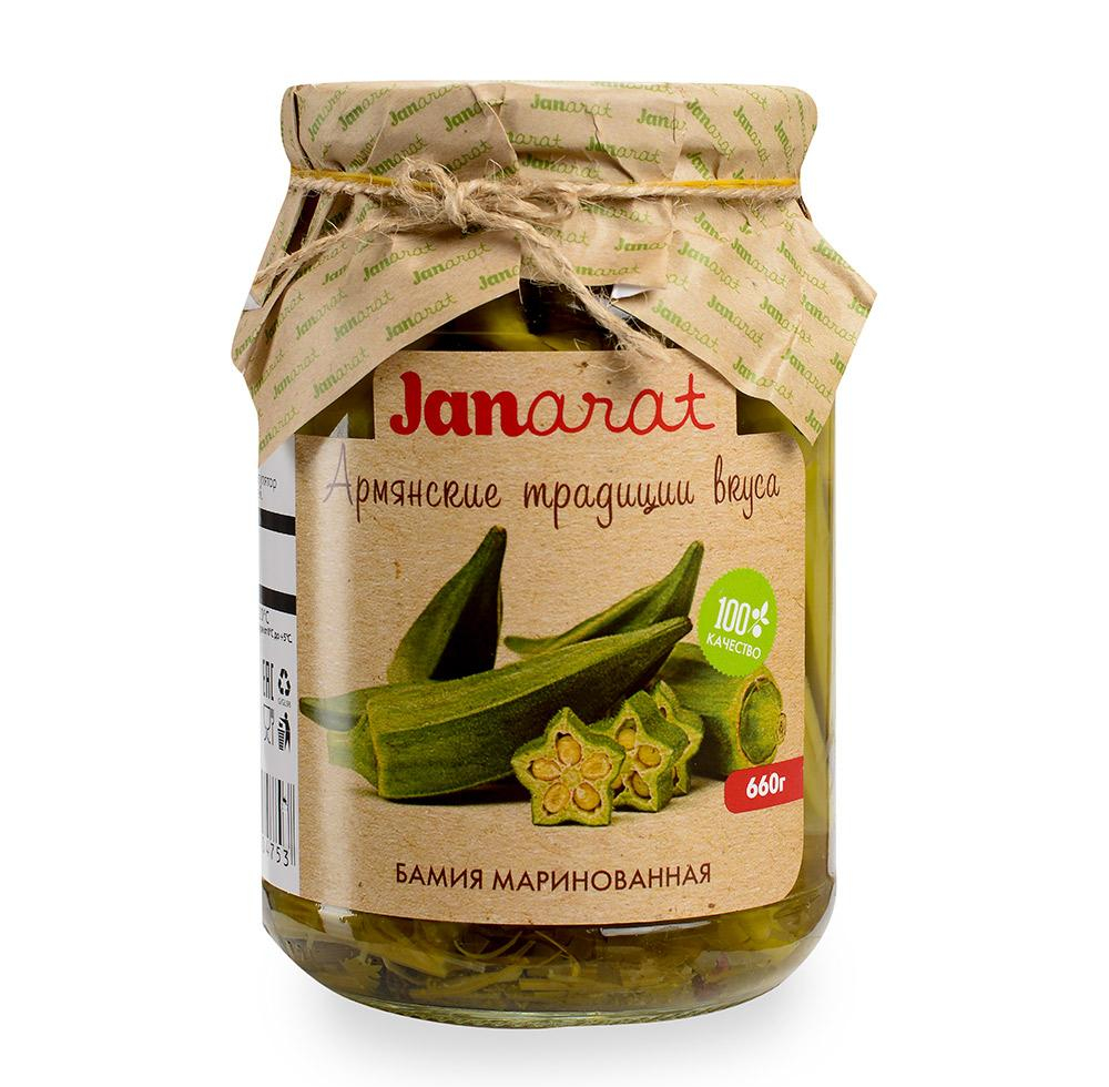 Janarat Бамия маринованная 660гр. Janarat Бамия маринованная 480г. Бамия Джанарат 675 г. Черемша Джанарат 680г маринованная.