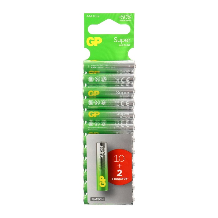 

Батарейка алкалиновая GP Super, AAA, LR03-12BL, 1.5В, блистер, 10+2 шт.
