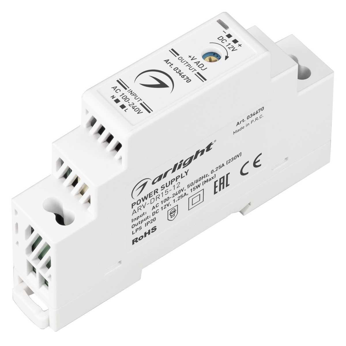 

Блок питания Arlight ARV-DR15-12 12V 15W IP20 1,25A 034670, Белый, 034670
