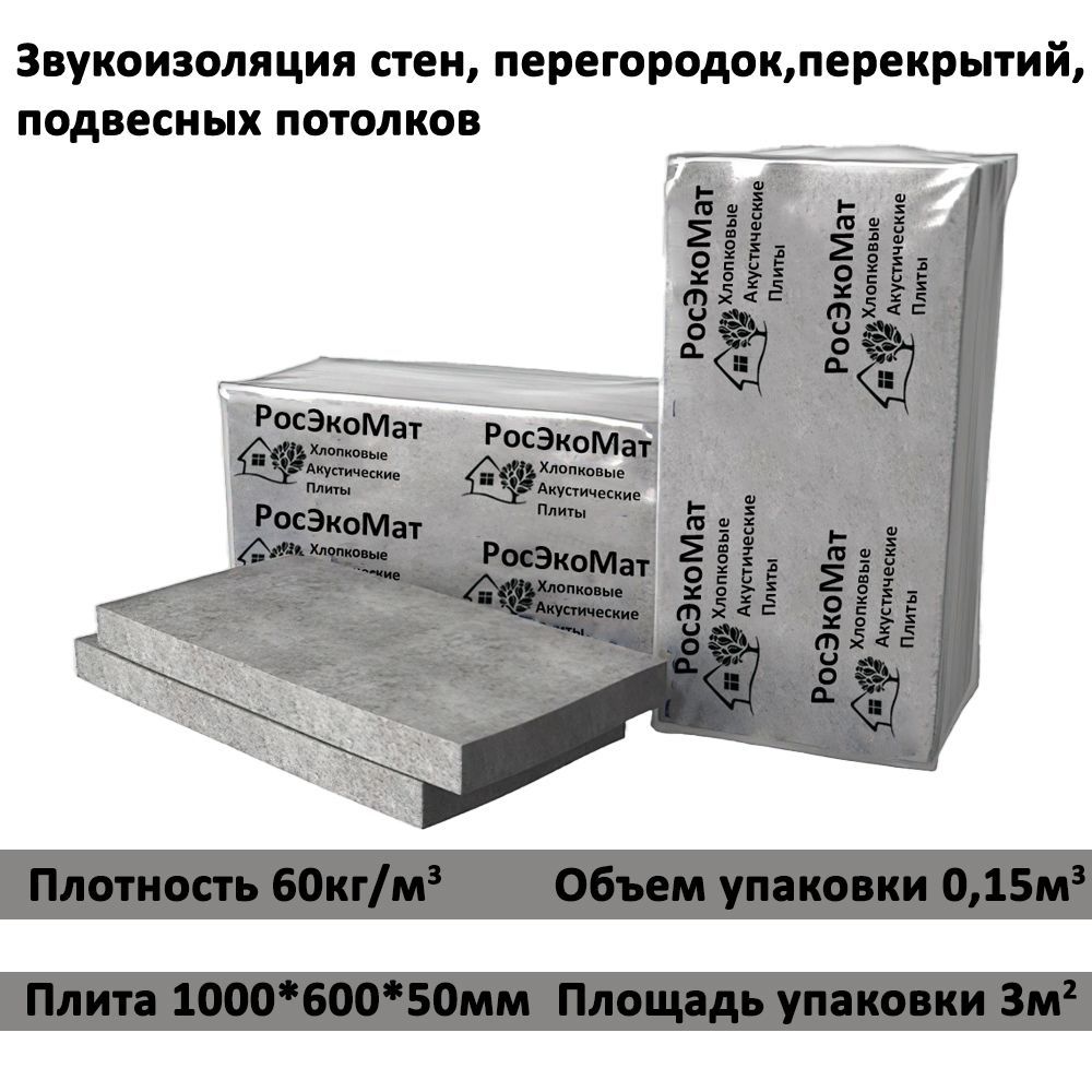 Акустические плиты РосЭкоМат Коттон Антисаунд хлопковый 1000х600х50 мм 5 плит 015 м3 8624₽