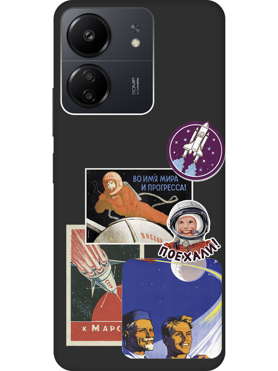 

Матовый Soft Touch чехол на Xiaomi Redmi 13C "Yuri Gagarin Stickers" черный, Черный;белый;красный, 20001465