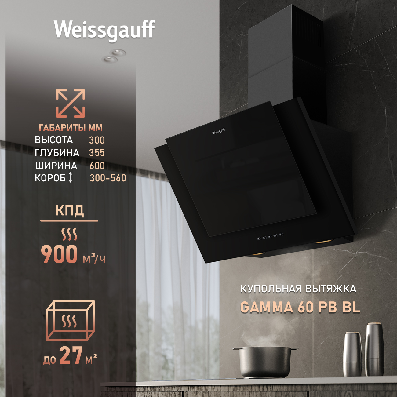 

Вытяжка настенная Weissgauff GAMMA 60 PB BL черный, GAMMA 60 PB BL
